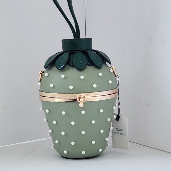 Stylish Women's Green Strawberry Shape Pearl Embellished Leather Handbag - Picture 2 of 9